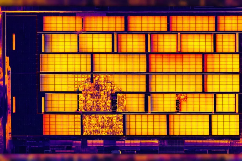 ตัวอย่างภาพถ่ายมุมสูงจากการสแกนความร้อนแผงโซลาร์เซลล์ เพื่อวิเคราะห์ประสิทธิภาพการทำงานและหาจุดผิดปกติทั่วทั้งระบบ