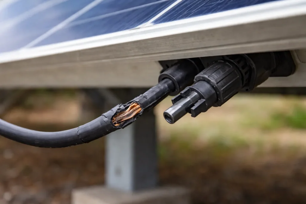 ตัวอย่างอุปกรณ์โซลาร์เซลล์ส่วนจุดเชื่อมต่อและสายไฟที่ชำรุดเสียหาย ซึ่งเสี่ยงต่อการเกิดไฟฟ้าลัดวงจร