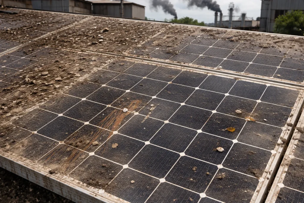 คราบสกปรกและฝุ่นหนาบนแผง สาเหตุระบบไฟโซล่าเซลล์ไม่ติด